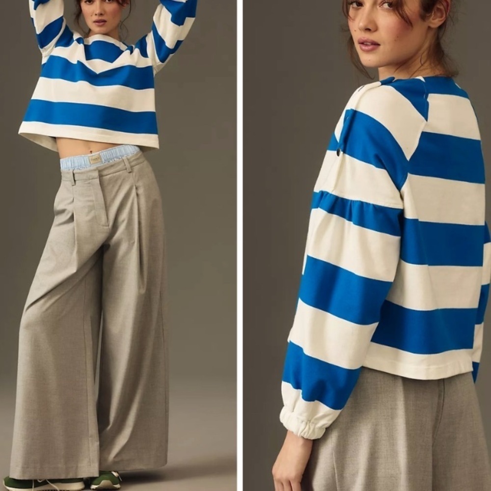 Maeve by Anthro French Terry Sweatshirt Blue White Stripes Silver Snaps - Small